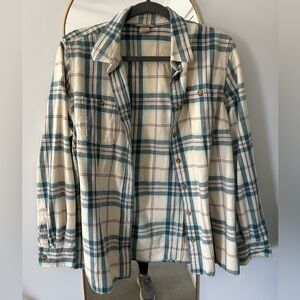 Duluth plaid cream blue pink button down size large all cotton with stretch